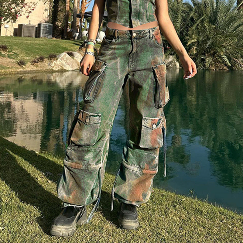 Retro Color Blooming Multi-pocket Loose Cargo Denim Trousers