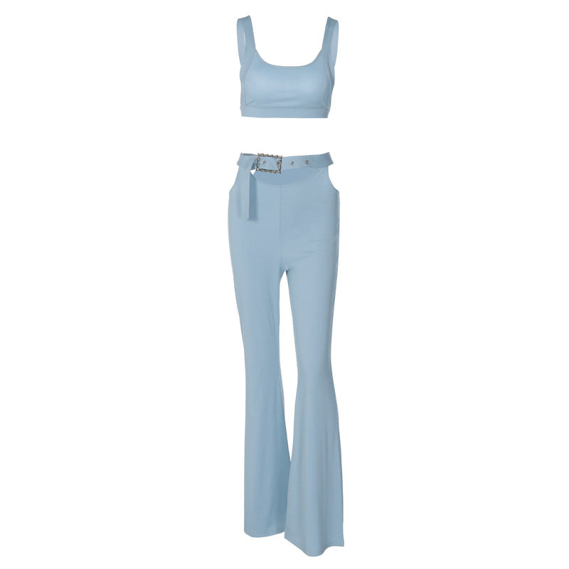 Women's Solid Color Sleeveless Vest Bell-bottom Pants Two-piece Set