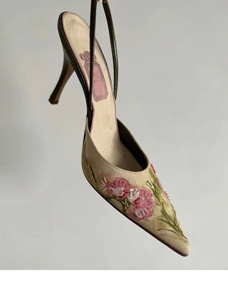 Vintage Pointed Embroidered High Heels