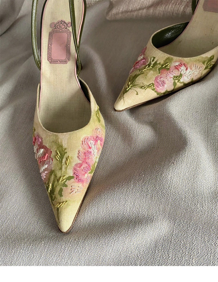 Vintage Pointed Embroidered High Heels