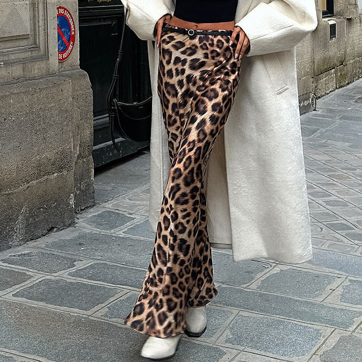 Leopard Print Satin Fishtail Skirt Skirt