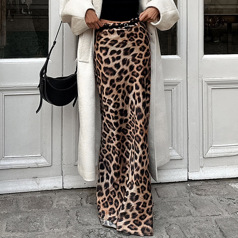 Leopard Print Satin Fishtail Skirt Skirt