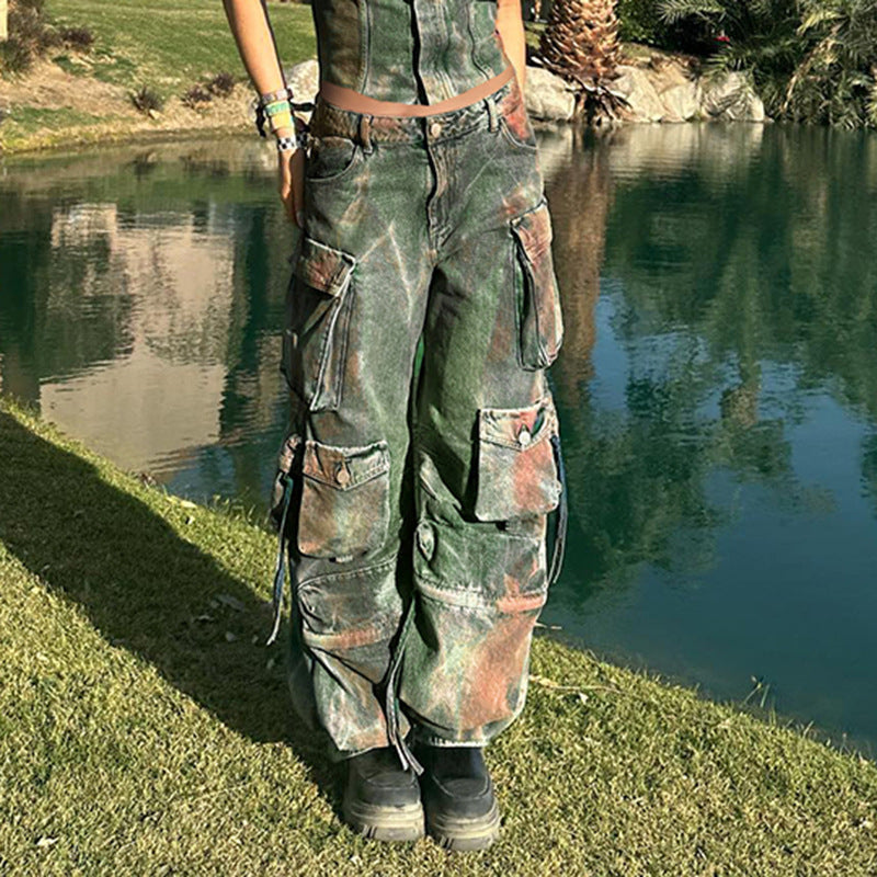 Retro Color Blooming Multi-pocket Loose Cargo Denim Trousers