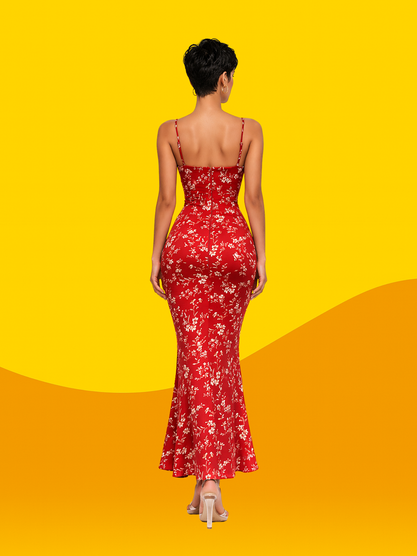 Style Vintage Floral Red Dress Hip Spaghetti Straps Long Dress