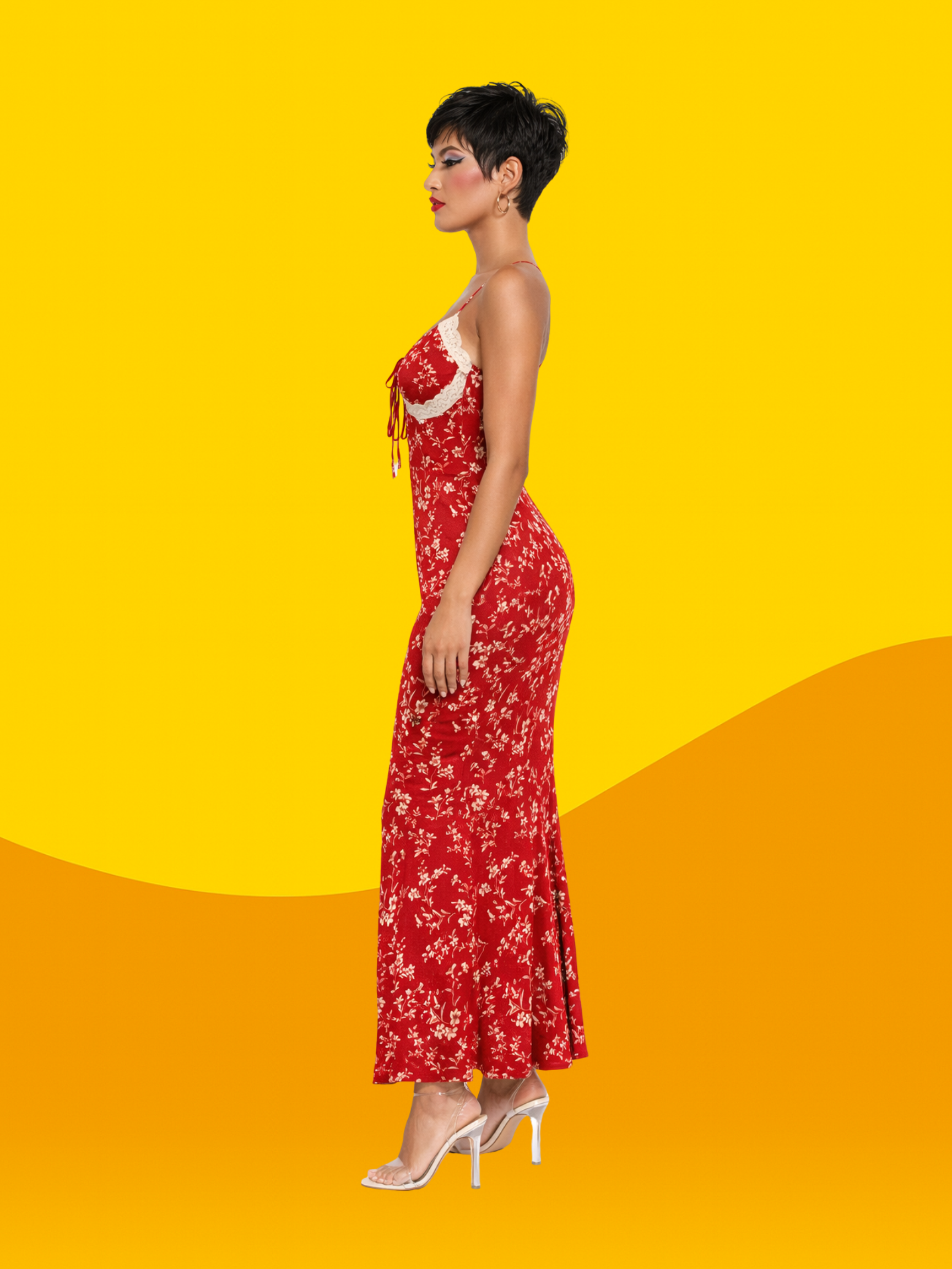 Style Vintage Floral Red Dress Hip Spaghetti Straps Long Dress