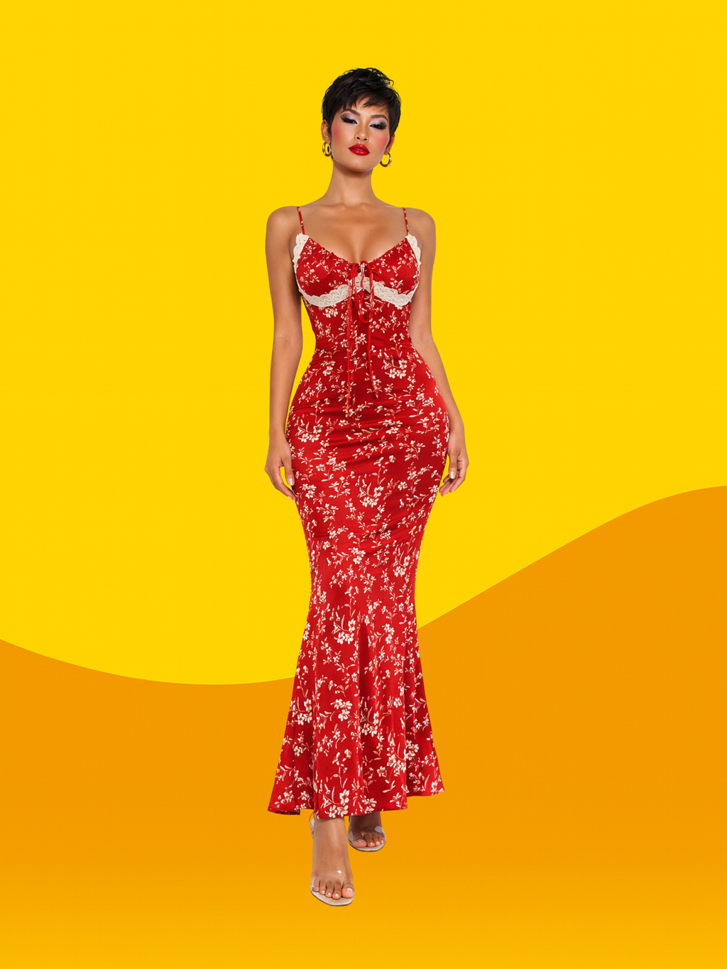 Style Vintage Floral Red Dress Hip Spaghetti Straps Long Dress