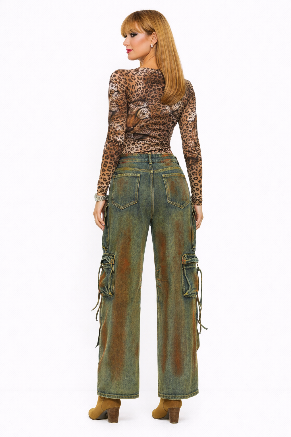 Retro Color Blooming Multi-pocket Loose Cargo Denim Trousers