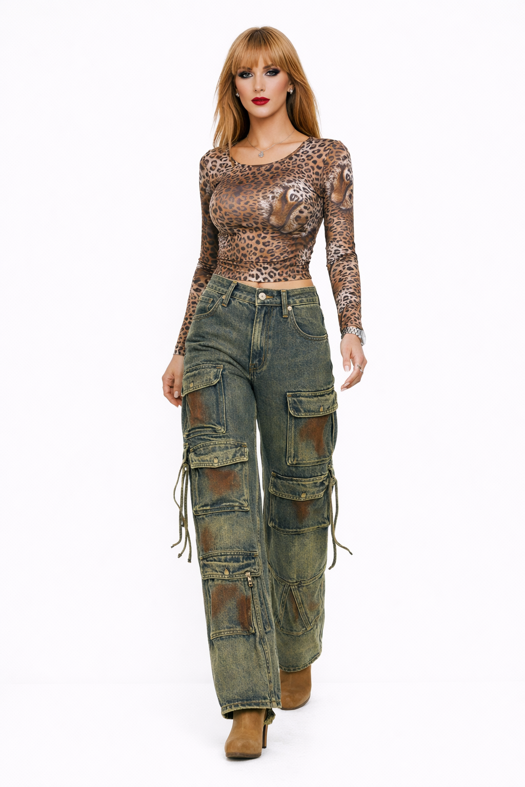 Retro Color Blooming Multi-pocket Loose Cargo Denim Trousers